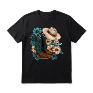 Western Cowboy Boots and Hat Men's Graphic TShirt, 100% Cotton Short Sleeve Soft Top, Vintage Country Graphic Print Design, for Daily Wear, Outdoor, Birthday Gift, Gift for Men, Women and Friends