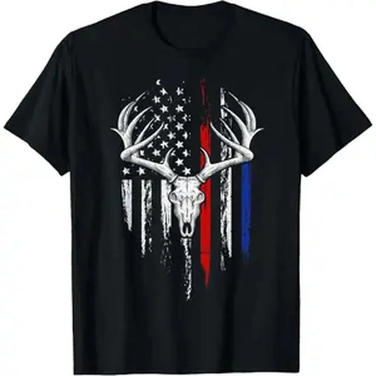 Cotton Casual Graphic Tee For Everyone – Oversized Fit With Unique American Flag Deer Skull Design Golf Gift T-Shirt For Men And Women