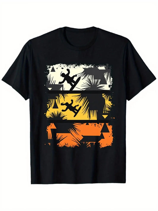 Vintage Men's Black Graphic T-Shirt Rock Climbing Silhouette Palm Tree Sunset Distressed Retro Adventure Print 100% Cotton Heavyweight Short Sleeve Casual Streetwear Tee