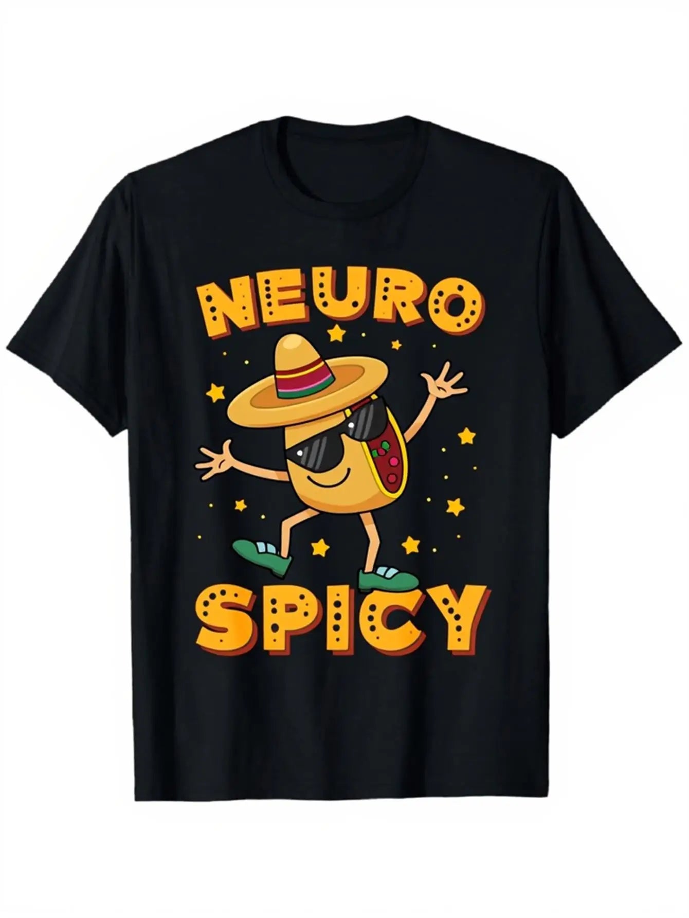 Funny Men's Black Graphic T-Shirt Neuro Spicy Dancing Taco Sombrero Sunglasses Star Cartoon Bold Letter Print 100% Cotton Heavyweight Short Sleeve Casual Streetwear Tee
