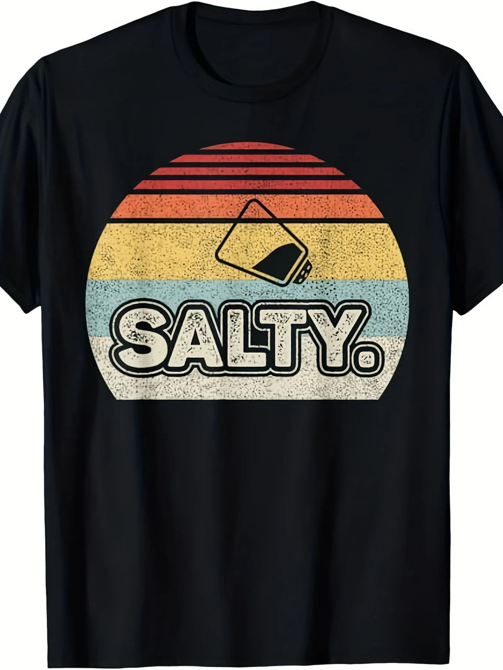 Funny Men's Black Graphic T-Shirt Salty Salt Shaker Sunset Stripes Distressed Retro Slogan Print 100% Cotton Heavyweight Short Sleeve Casual Streetwear Tee