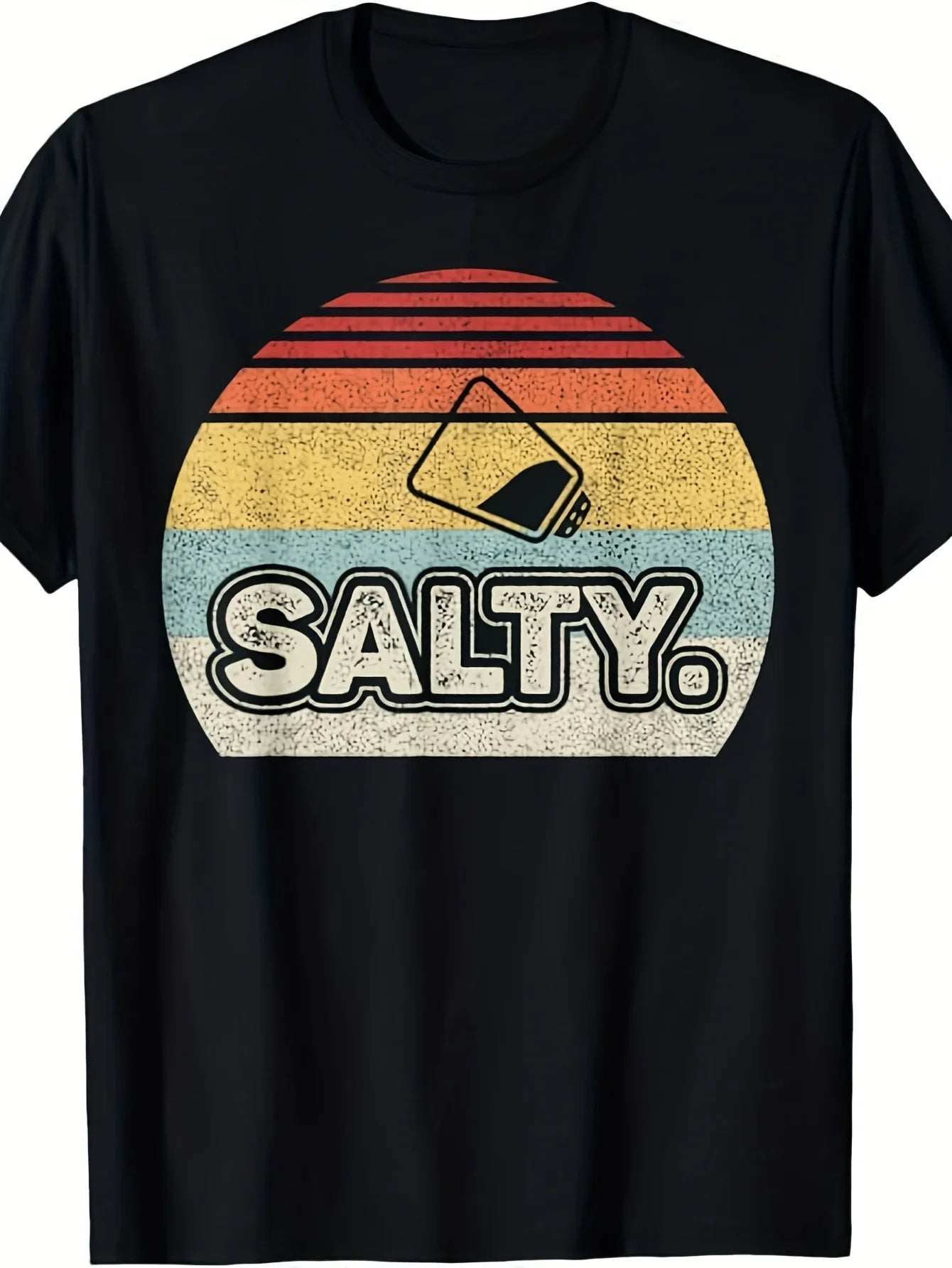 Funny Men's Black Graphic T-Shirt Salty Salt Shaker Sunset Stripes Distressed Retro Slogan Print 100% Cotton Heavyweight Short Sleeve Casual Streetwear Tee