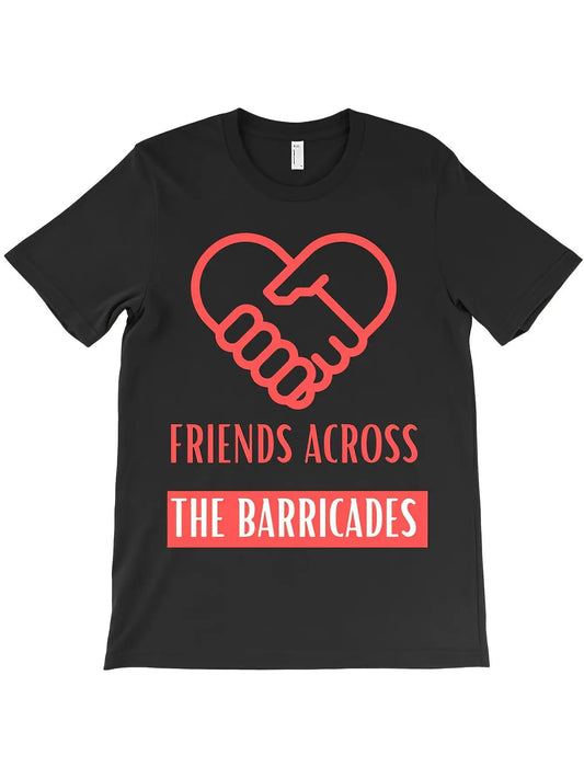 Vintage Men's Black Graphic T-Shirt Handshake Heart Outline Friends Across the Barricades Bold Letter Print 100% Cotton Heavyweight Short Sleeve Casual Streetwear Tee