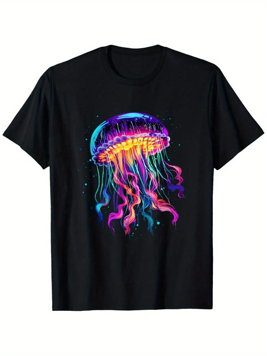 Trendy Men's Black Graphic T-Shirt Neon Jellyfish Ocean Sea Creature Glowing Tentacle Colorful Illustration Retro Graphic 100% Cotton Heavyweight Short Sleeve Casual Streetwear Tee