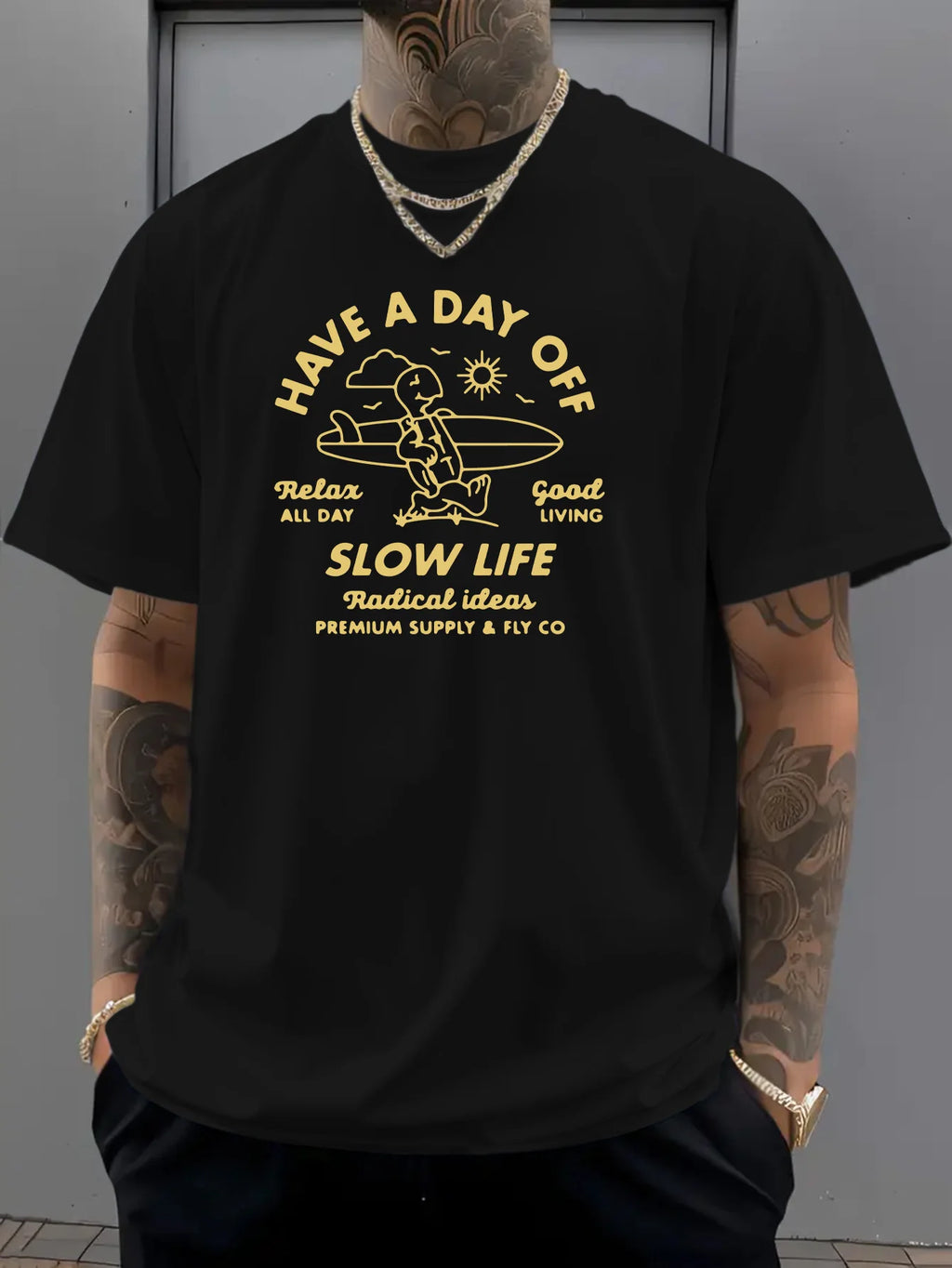 Vintage Men's Black Graphic T-Shirt Relax All Day Slow Life Seated Figure Sun Good Living Slogan Print 100% Cotton Heavyweight Short Sleeve Casual Streetwear Tee