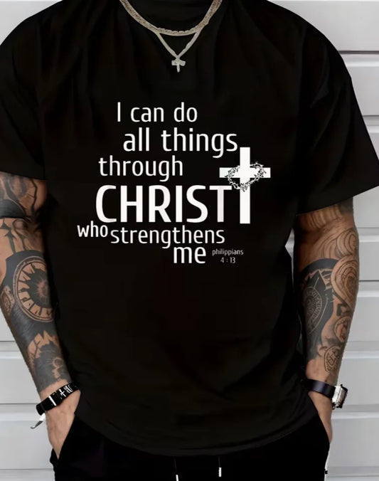 A Motivational Christian T-Shirt for Men Showcasing The Phrase 'I Can Do All Things ThroughWhite Casual Is Ideal for Everyday Us