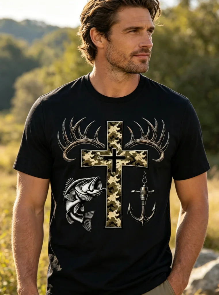 Men'S Short-Sleeve Round Neck T-Shirt Featuring A Creative Print of A Camo Cross with Deer Antlers, Fish, and An Anchor T-Shirt