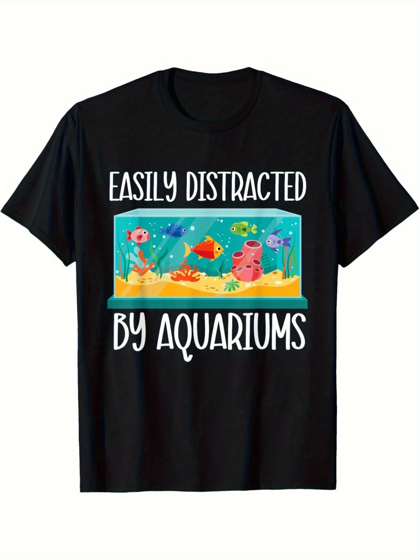 Men's Aquarium-Themed T-Shirt with Fish & Aquarium - Round Neck Short Sleeve Casual Tee Suitable for Fish Hobbyists, Aquarium Keeper Outfit, Machine Washable Fishkeeping Apparel
