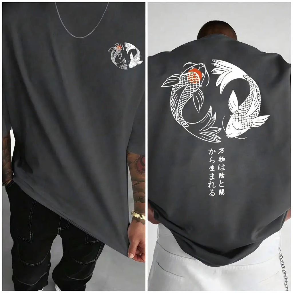 Japanese Koi Harajuku Illustration Design T-shirt Suit Men's Summer Casual T-shirt Fashion Short Sleeve Loose Cotton Sportwear