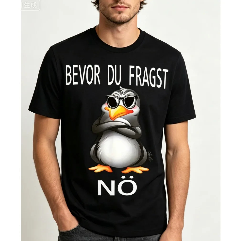 Funny German Text Penguin T-Shirt with BEVOR U FRAGST NO Slogan Glasses Unisex Crew Neck Short Sleeve Tee Men Women Black Shirt