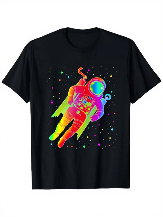 Retro Men's Black Graphic T-Shirt Rainbow Astronaut Space Suit Floating Galaxy Star Neon Colorful Illustration 100% Cotton Heavyweight Short Sleeve Casual Streetwear Tee