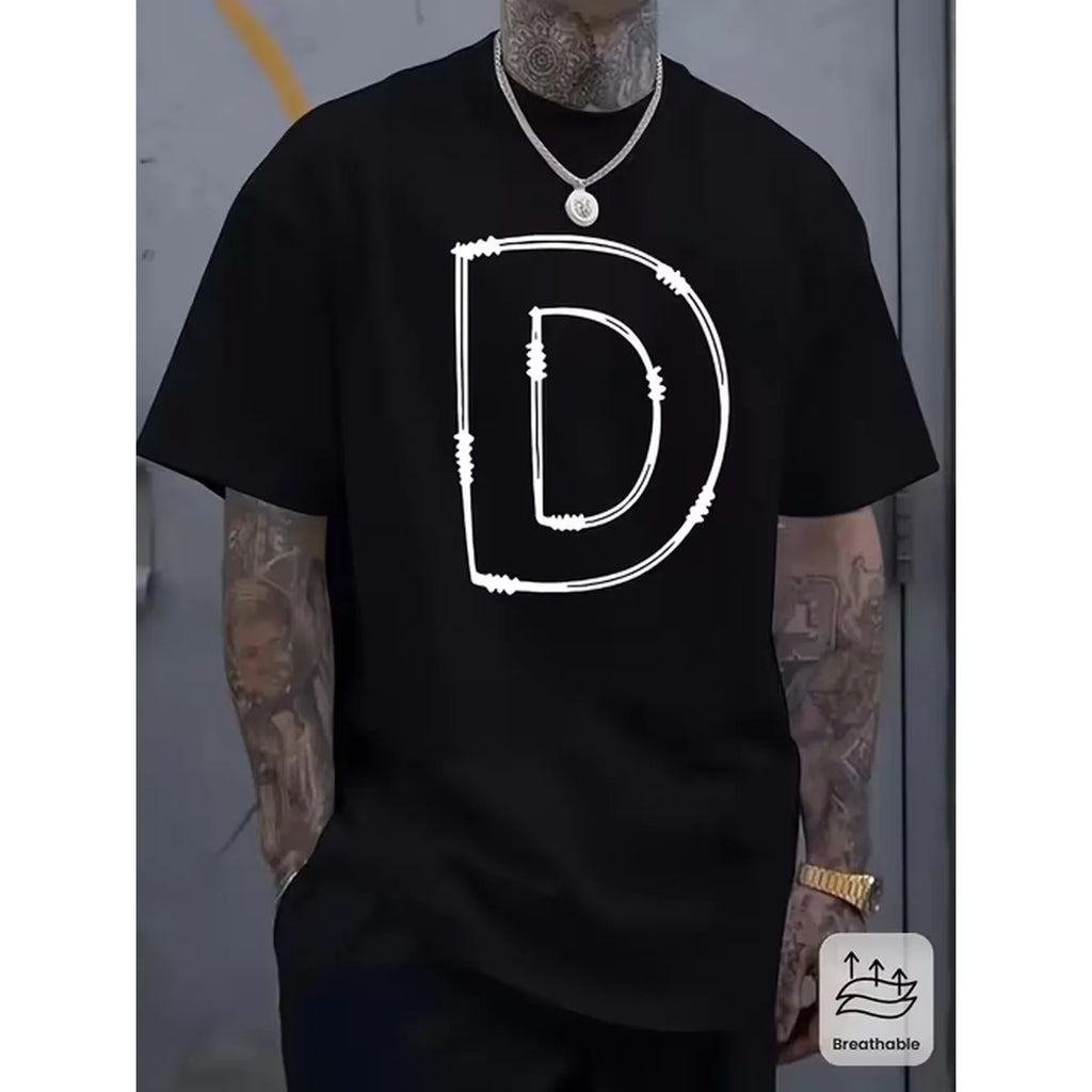 item picture 1 pc mens heavyweight 100 t shirt loose neck tee with graphic letter d barbed casual everyday shirt for men machine washable ideal gift for everyday special occasions versatile wardrobe staple