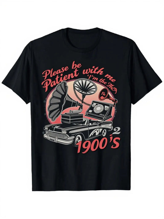 Vintage Men's Black Graphic T-Shirt Retro Car Rotary Telephone Gramophone Please Be Patient with Me I'M in the 1900's Print 100% Cotton Heavyweight Short Sleeve Casual Streetwear Tee