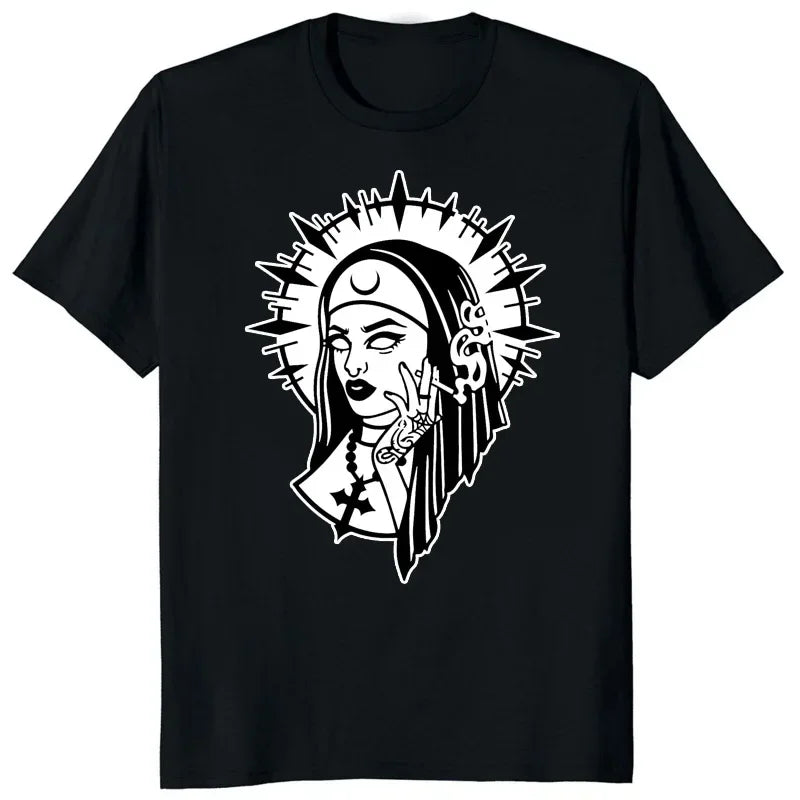 HOT SALE Cartoon Nun No Religion with Brooch Man T Shirt Satan Church Anton Lavie Satan Mystery Goth T Shirt Classic Girl Top