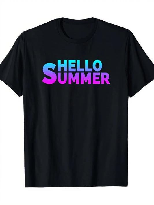 Trendy Men's Black Graphic T-Shirt Shello Summer Bold Letter Print Blue Purple Gradient Beach Vacation Slogan 100% Cotton Heavyweight Short Sleeve Casual Streetwear Tee
