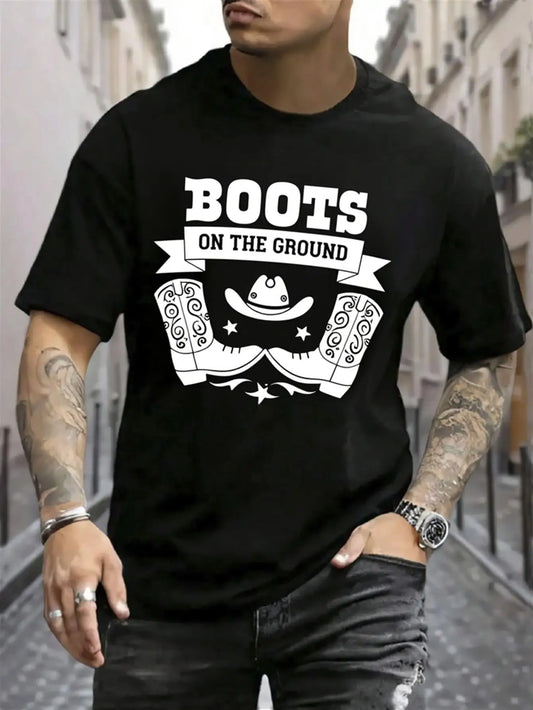 Western Men's Black Graphic T-Shirt Boots on the Ground Cowboy Hat Boots Banner Stars Bold Letter Print 100% Cotton Heavyweight Short Sleeve Casual Streetwear Tee