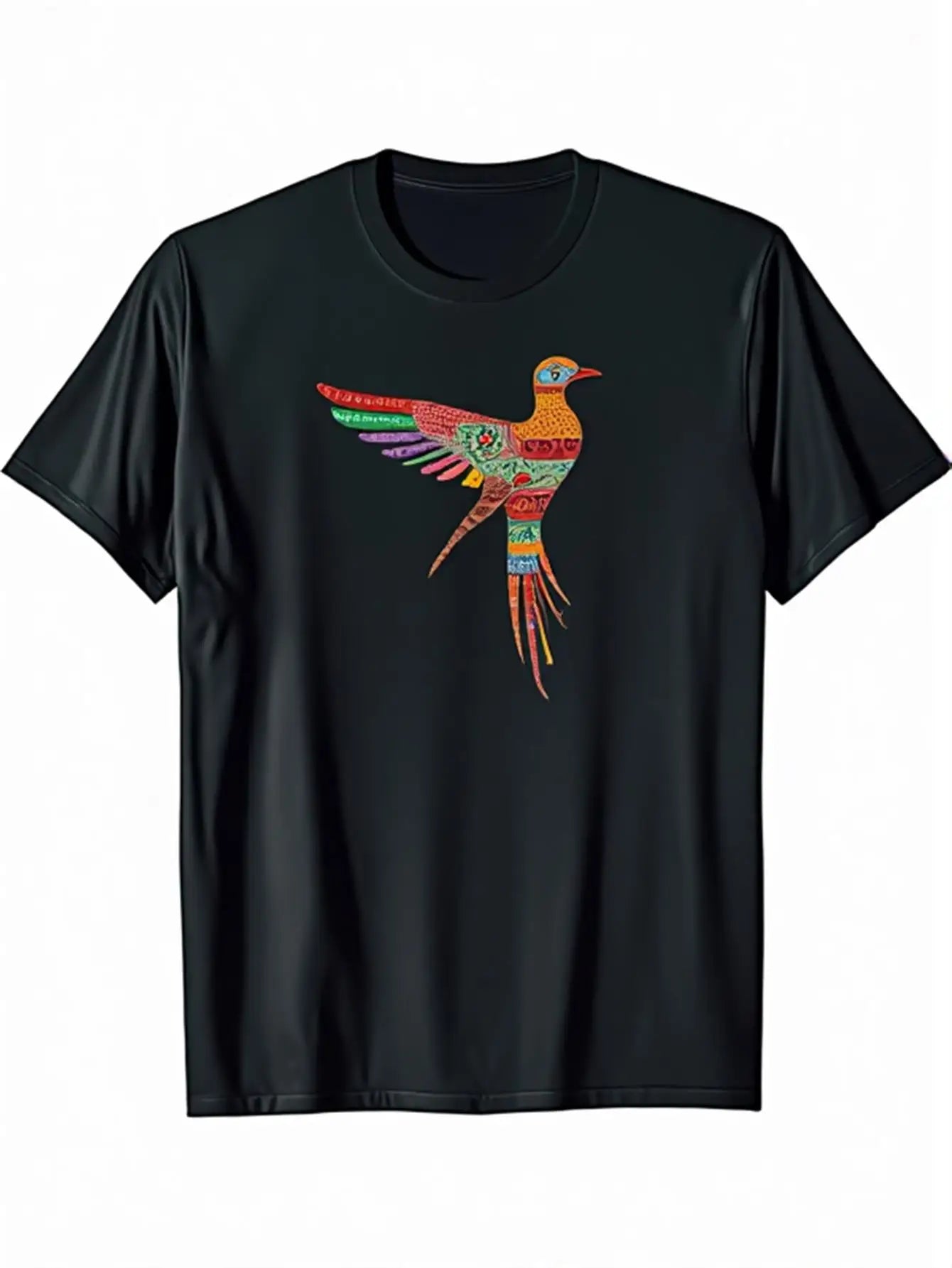 Vintage Men's Black Graphic T-Shirt Colorful Hummingbird Tribal Pattern Boho Bird Folk Art Nature Illustration Print 100% Cotton Heavyweight Short Sleeve Casual Streetwear Tee
