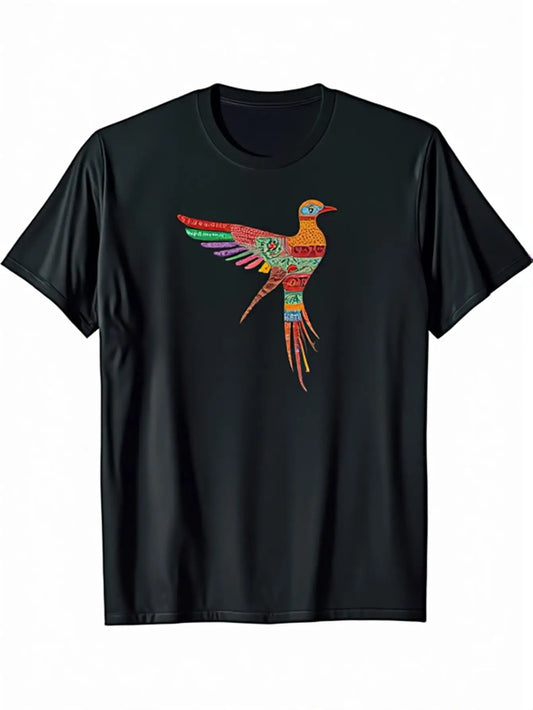 Vintage Men's Black Graphic T-Shirt Colorful Hummingbird Tribal Pattern Boho Bird Folk Art Nature Illustration Print 100% Cotton Heavyweight Short Sleeve Casual Streetwear Tee