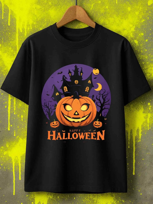 Vintage Men's Black Graphic T-Shirt Pumpkin Haunted House Moon Bat Happy Halloween Retro Print 100% Cotton Heavyweight Short Sleeve Casual Streetwear Tee