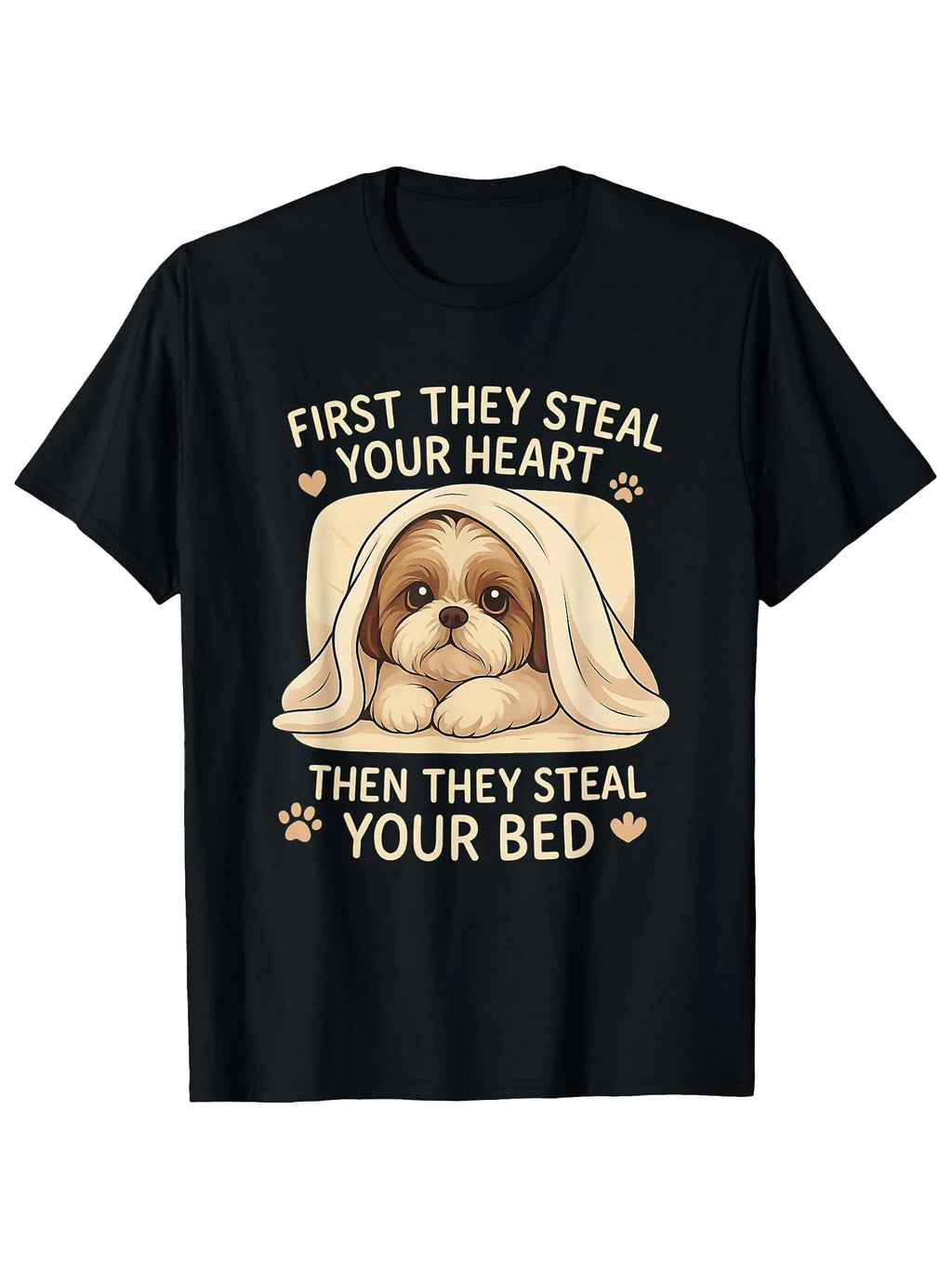 1pc Men's Funny Shih Tzu T-Shirt - "First They Steal Your Heart Then Your Bed" Saying with Cute Puppy in Towels, Soft Breathable Black Tee for Dog Lovers, Machine Washable Casual Shirt Gift for Pet Owners, Dog Tshirt, Humorous Apparel, Playful Design