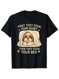 1pc Men's Funny Shih Tzu T-Shirt - "First They Steal Your Heart Then Your Bed" Saying with Cute Puppy in Towels, Soft Breathable Black Tee for Dog Lovers, Machine Washable Casual Shirt Gift for Pet Owners, Dog Tshirt, Humorous Apparel, Playful Design