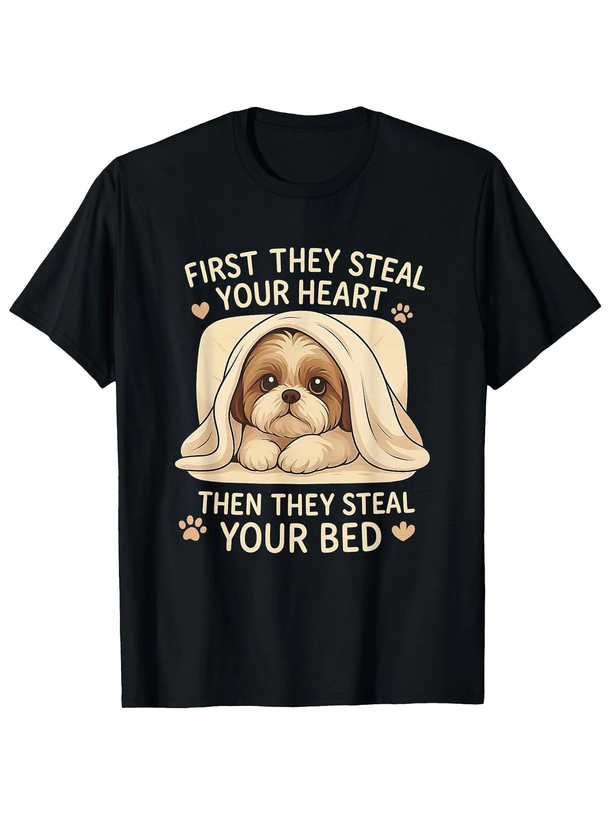 1pc Men's Funny Shih Tzu T-Shirt - "First They Steal Your Heart Then Your Bed" Saying with Cute Puppy in Towels, Soft Breathable Black Tee for Dog Lovers, Machine Washable Casual Shirt Gift for Pet Owners, Dog Tshirt, Humorous Apparel, Playful Design