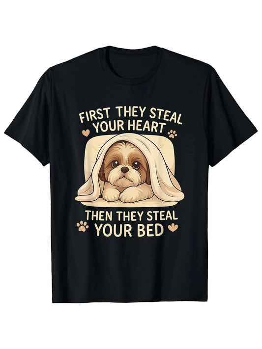 1pc Men's Funny Shih Tzu T-Shirt - "First They Steal Your Heart Then Your Bed" Saying with Cute Puppy in Towels, Soft Breathable Black Tee for Dog Lovers, Machine Washable Casual Shirt Gift for Pet Owners, Dog Tshirt, Humorous Apparel, Playful Design