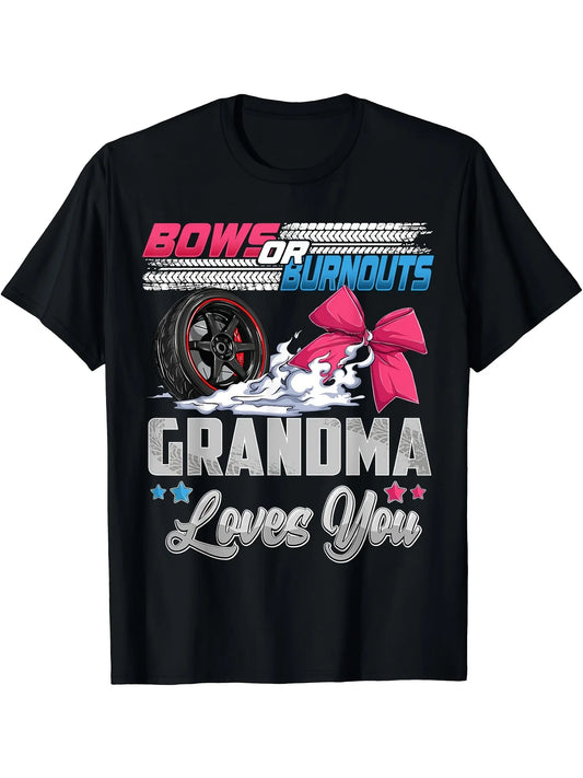 Announcement for a Grandma T-Shirt Featuring a Gender Reveal Party Theme with Burnouts Or Bows, Designed in a Classic Retro Style. It Has a Round Neck And Short Sleeves, Is Machine Washable