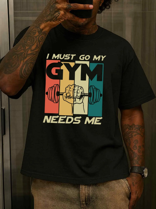 Vintage Men's Black Graphic T-Shirt Gym Barbell Fist Workout Slogan Retro Color Block Fitness Training Print 100% Cotton Heavyweight Short Sleeve Casual Streetwear Tee