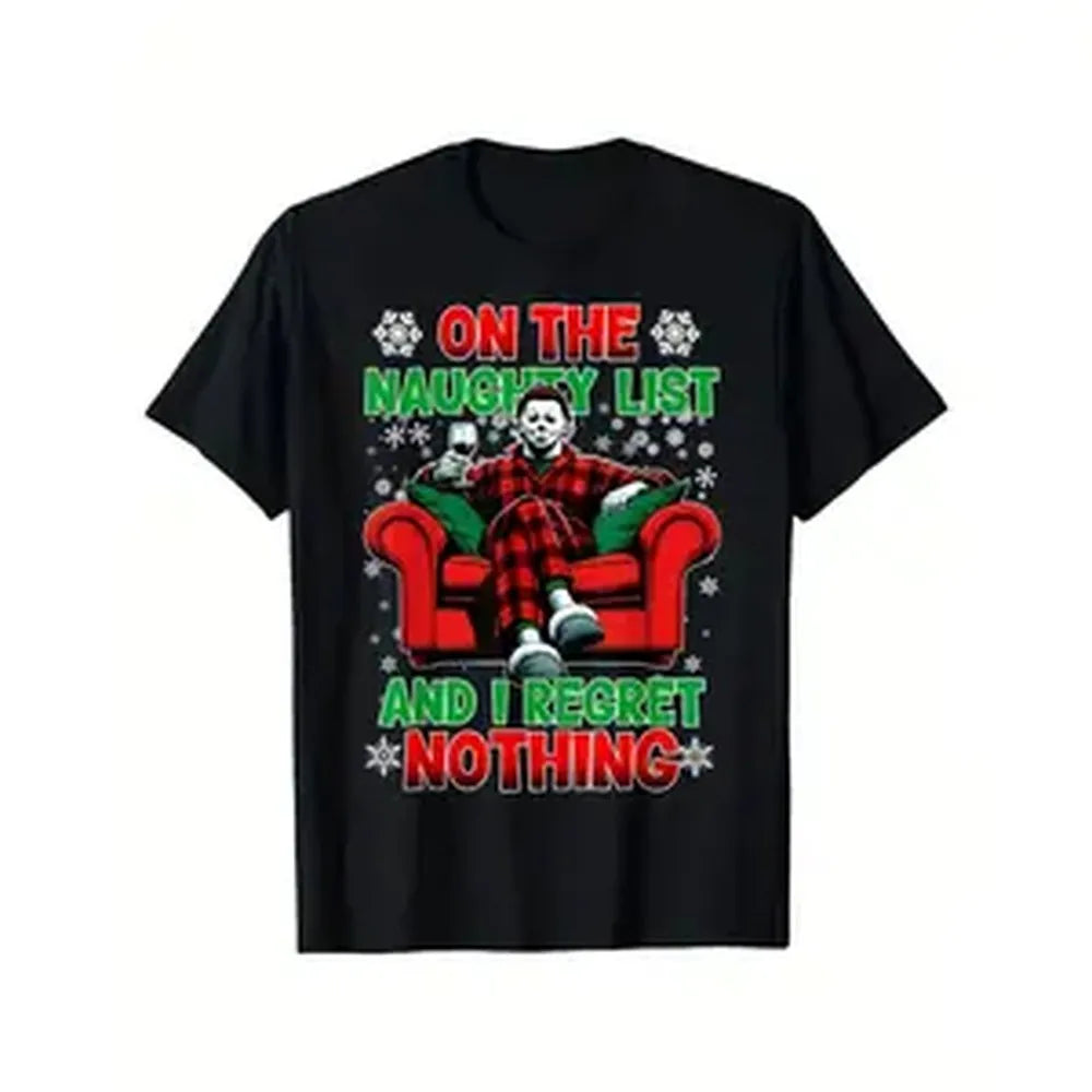 Men's Horror Christmas T-Shirt Funny Naughty List Saying with Red Armchair Design Heavyweight Cotton Halloween Thanksgiving Xmas Party Outfit Adult Graphic Tee Gift for Men Women XXXL Black Shirt with Green & Red Text Machine Washable - Menswear