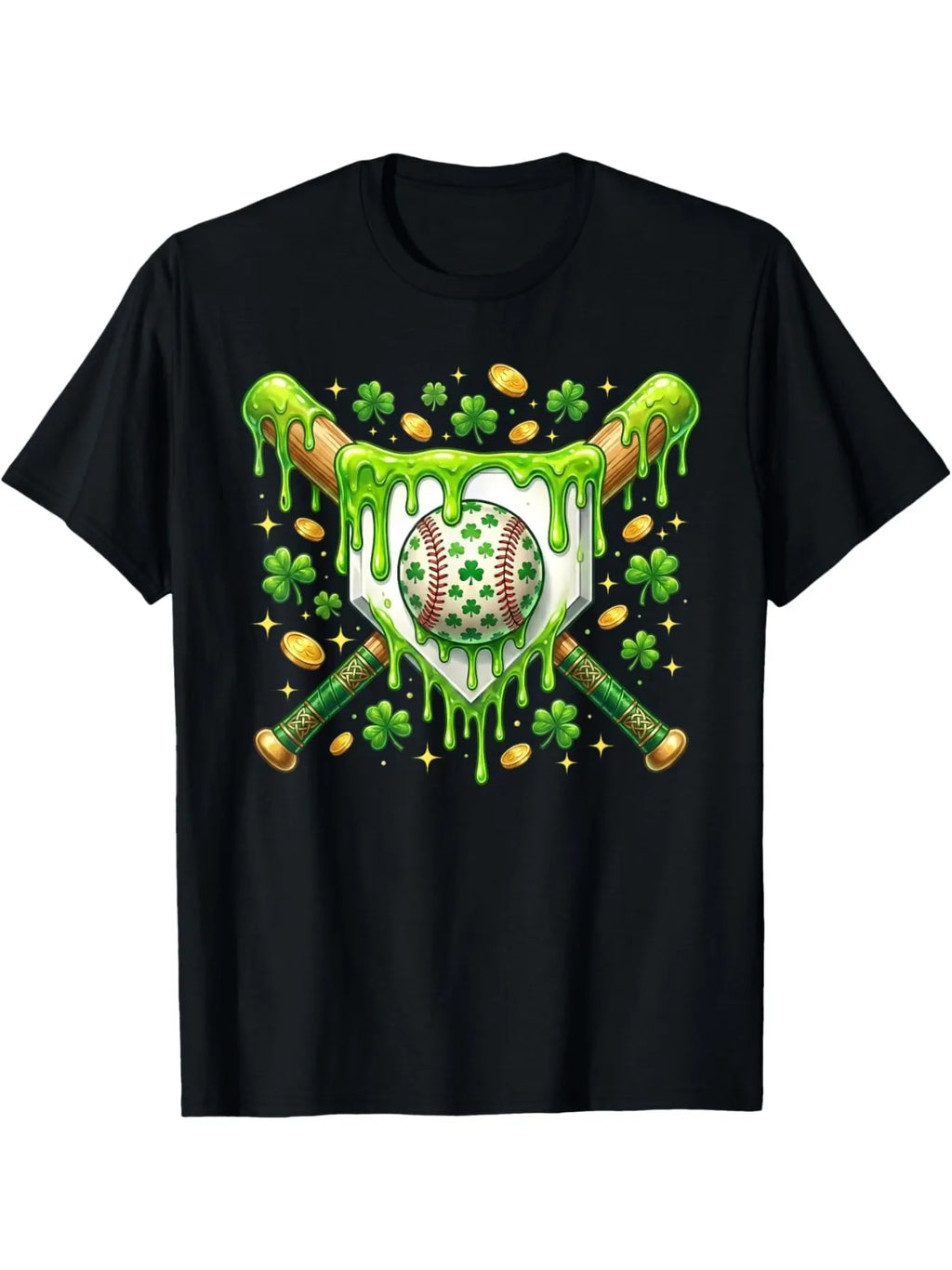 Sporty Men's Black Graphic T-Shirt Shamrock Baseball Bat Shield Green Slime Gold Coin Lucky Clover Print 100% Cotton Heavyweight Short Sleeve Casual Streetwear Tee