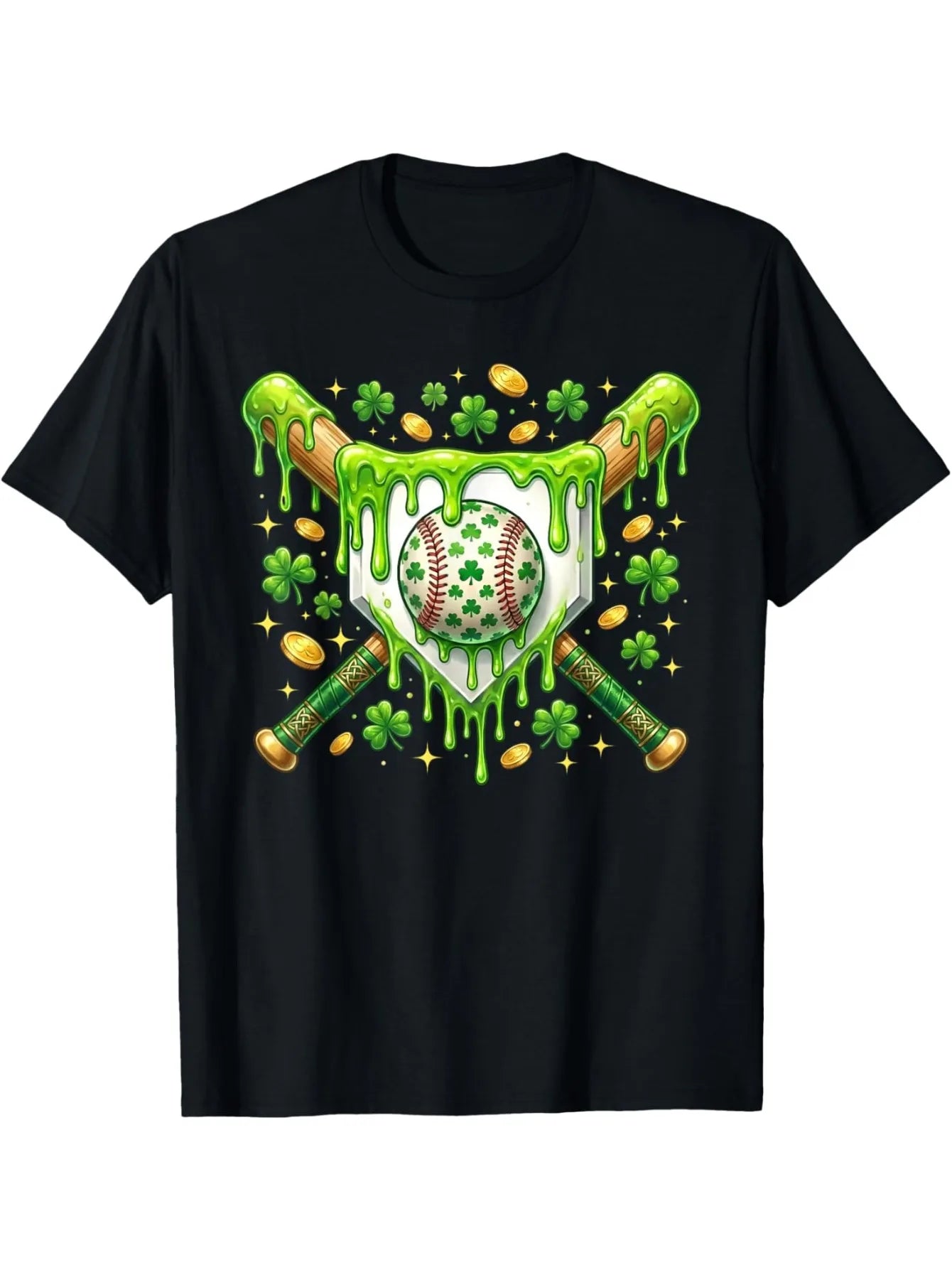 Sporty Men's Black Graphic T-Shirt Shamrock Baseball Bat Shield Green Slime Gold Coin Lucky Clover Print 100% Cotton Heavyweight Short Sleeve Casual Streetwear Tee