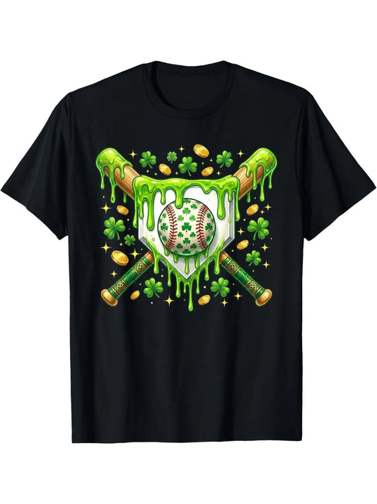 Sporty Men's Black Graphic T-Shirt Shamrock Baseball Bat Shield Green Slime Gold Coin Lucky Clover Print 100% Cotton Heavyweight Short Sleeve Casual Streetwear Tee