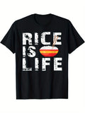 T-Shirt for Men Inspired by Filipino Culture, Featuring a Black Casual Design with Stretchy Fabric, Distressed Lettering, And a Rice Graphic. This Summer Shirt Is Machine Washable, Perfect for Outdoor Activities, Offers a Relaxed Fit, Plus Size