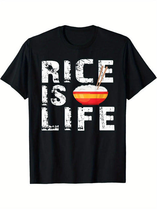 T-Shirt for Men Inspired by Filipino Culture, Featuring a Black Casual Design with Stretchy Fabric, Distressed Lettering, And a Rice Graphic. This Summer Shirt Is Machine Washable, Perfect for Outdoor Activities, Offers a Relaxed Fit, Plus Size