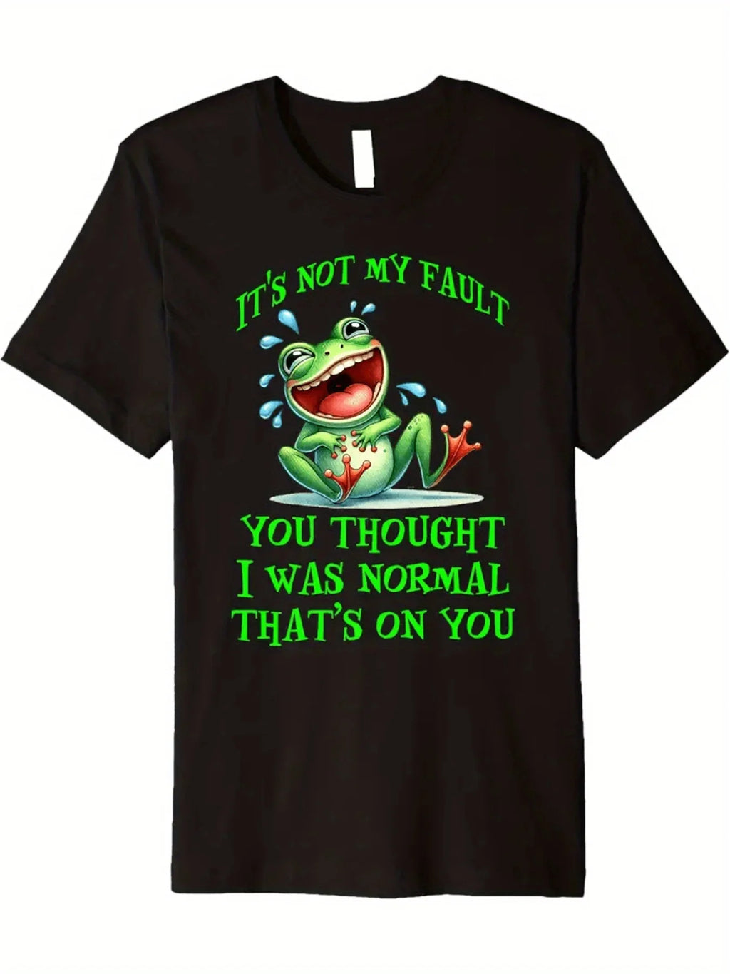 Funny Frog T-Shirt, Unisex - "You Thought I Was Normal, It'S Your Fault" Slogan, Green Frog Smile And Poison Arrow Design, 100% Soft Crew Neck Retro Graphic T-Shirt, Casual Regular Fit Black Shirt with Bright Green Print, Plus Size