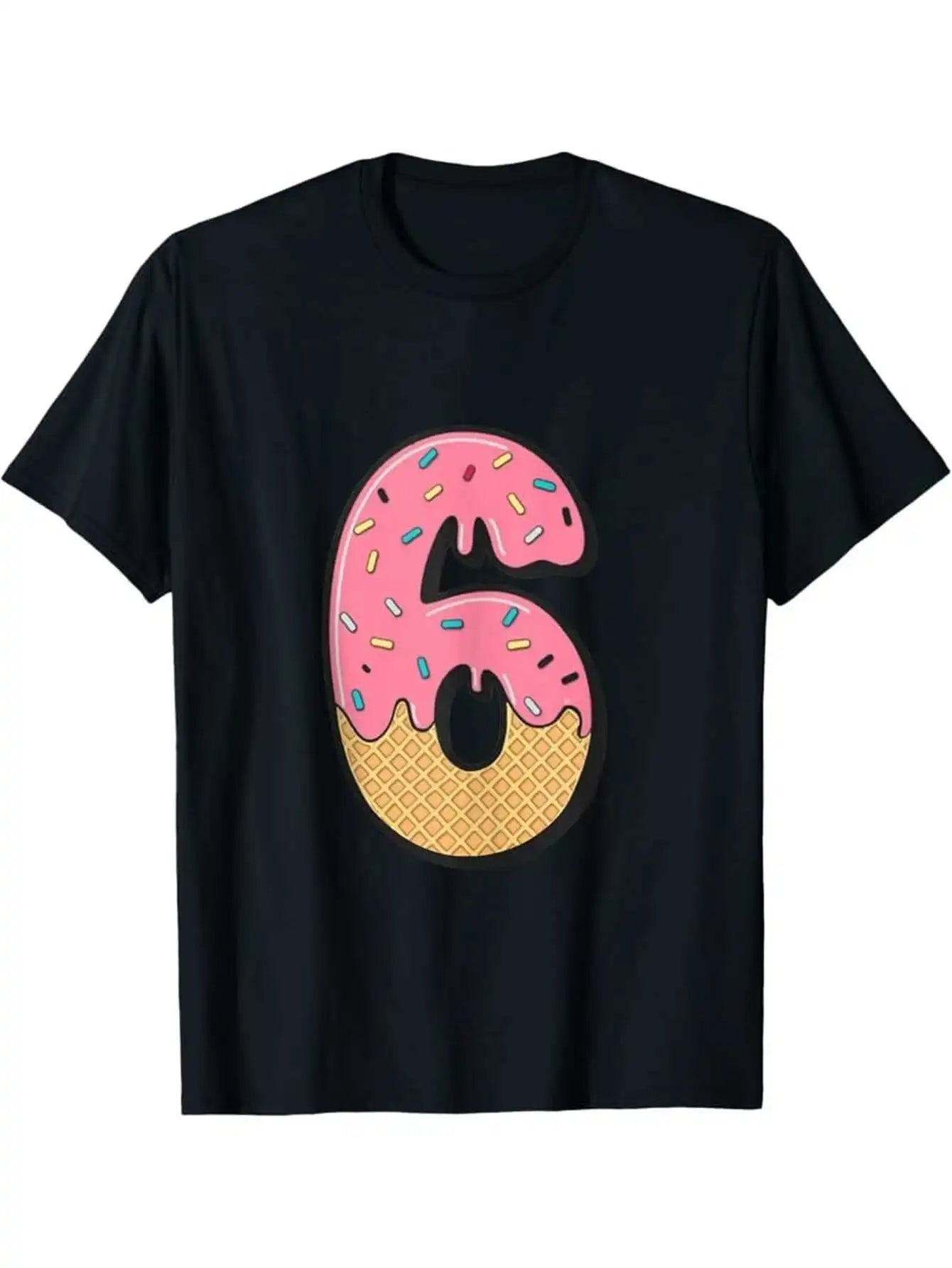 Funny Men's Black Graphic T-Shirt Pink Frosted Donut Number 6 Sprinkles Waffle Cone Dessert Cartoon Print 100% Cotton Heavyweight Short Sleeve Casual Streetwear Tee