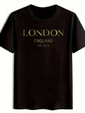 Men' London UK Map T-Shirt with Golden England Lettering - British Gift Suitable for Travel & Casual Wear, Round Neck Short Sleeve Tee, Machine Washable Comfort Fit for Year-Round Wear, Iconic London Landmarks Design