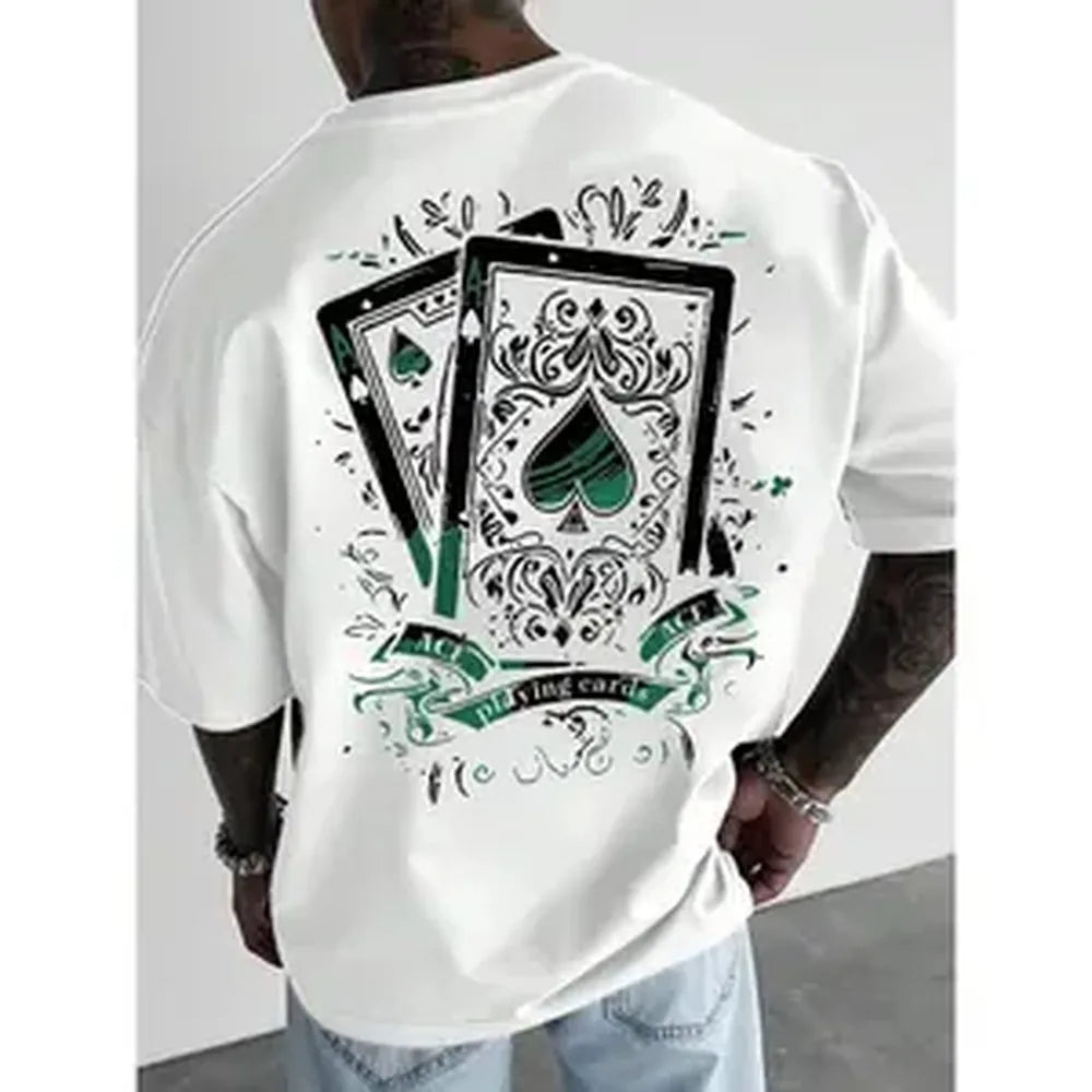 Unisex Spade Poker Print T-Shirt, Casual Streetwear Top with a Loose Fit and Round Neck, Breathable Fabric for Music Festivals