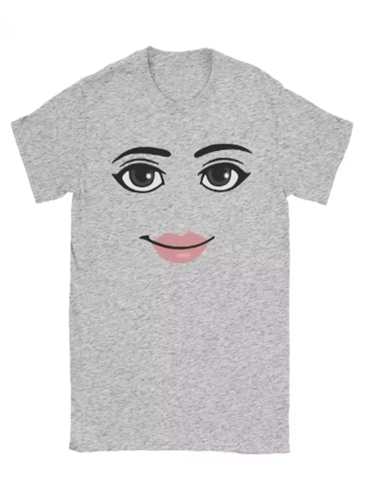 Men's Summer  Pure Cotton Top Robloxs Robot Novel Female Face Game Meme T-shirt Round-neck Short-sleeved Dress for Both Men