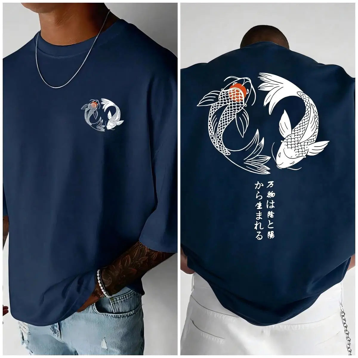 Japanese Koi Harajuku Illustration Design T-shirt Suit Men's Summer Casual T-shirt Fashion Short Sleeve Loose Cotton Sportwear
