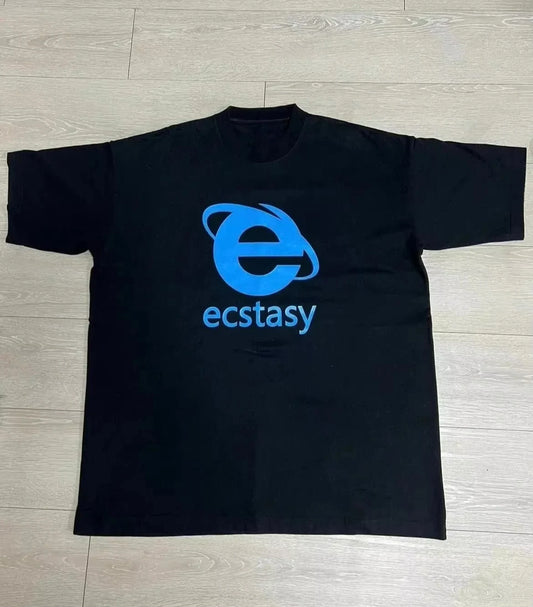 Retro style Streetwear Ecstasy New T Shirt Y2K Men's Harajuku White T-shirt Letter Pattern Printing Short-sleeved Gothic Top