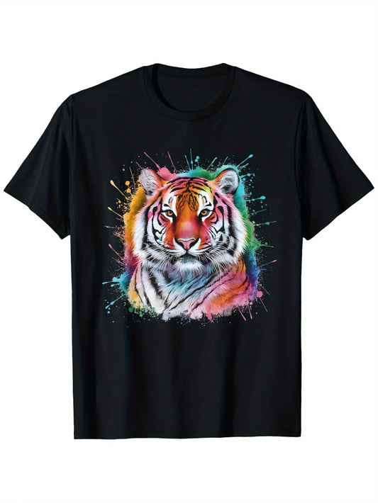 Trendy Men's Black Graphic T-Shirt Colorful Tiger Face Splash Paint Wildlife Portrait Art Print 100% Cotton Heavyweight Short Sleeve Casual Streetwear Tee