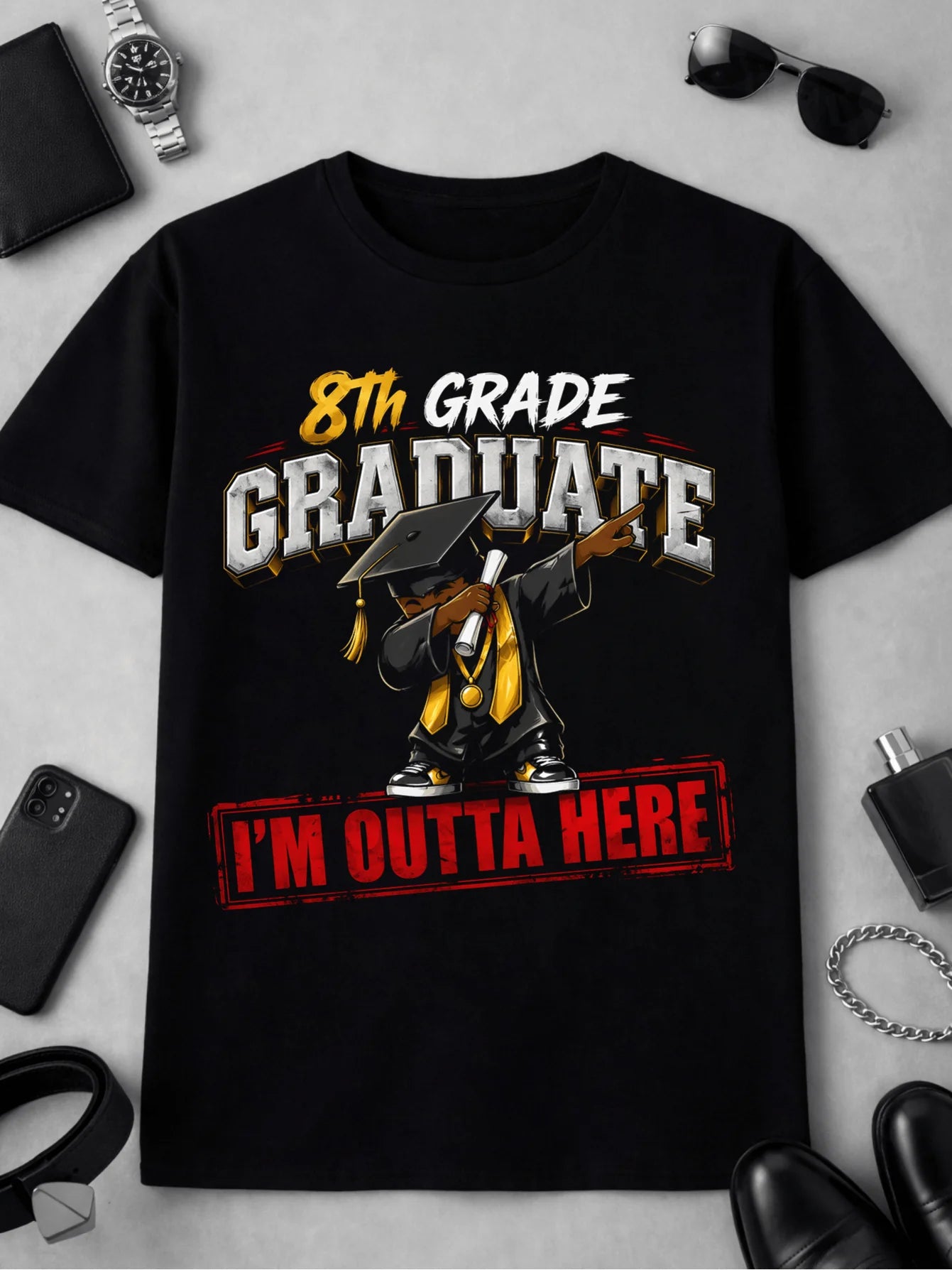 8th Grade Graduate T-Shirt- "I'm Leaving" Retro Swing Style, Suitable for, Teenagers, and Adults, Graduation Gift, Unisex Casual Crew Neck T-shirt, Printed with Swing Cartoon Characters, Suitable for All Seasons, for Teenager