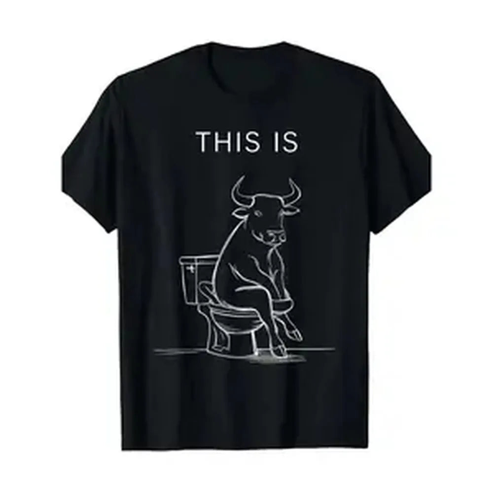 Men's Cotton Casual Round Neck Loose Retro Menswear T-Shirt - Unisex Smooth Soft Seamless Single-Sided Funny Bull "THIS IS" Graphic Tee (Black, White)