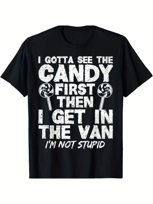 Fun "I Have to See the Candy First" Graphic T-Shirt- T-Shirt with Candy and Truck Design, Suitable for Casual Outings and Family Activities, Breathable 180gsm Fabric, Crew Neck- Black