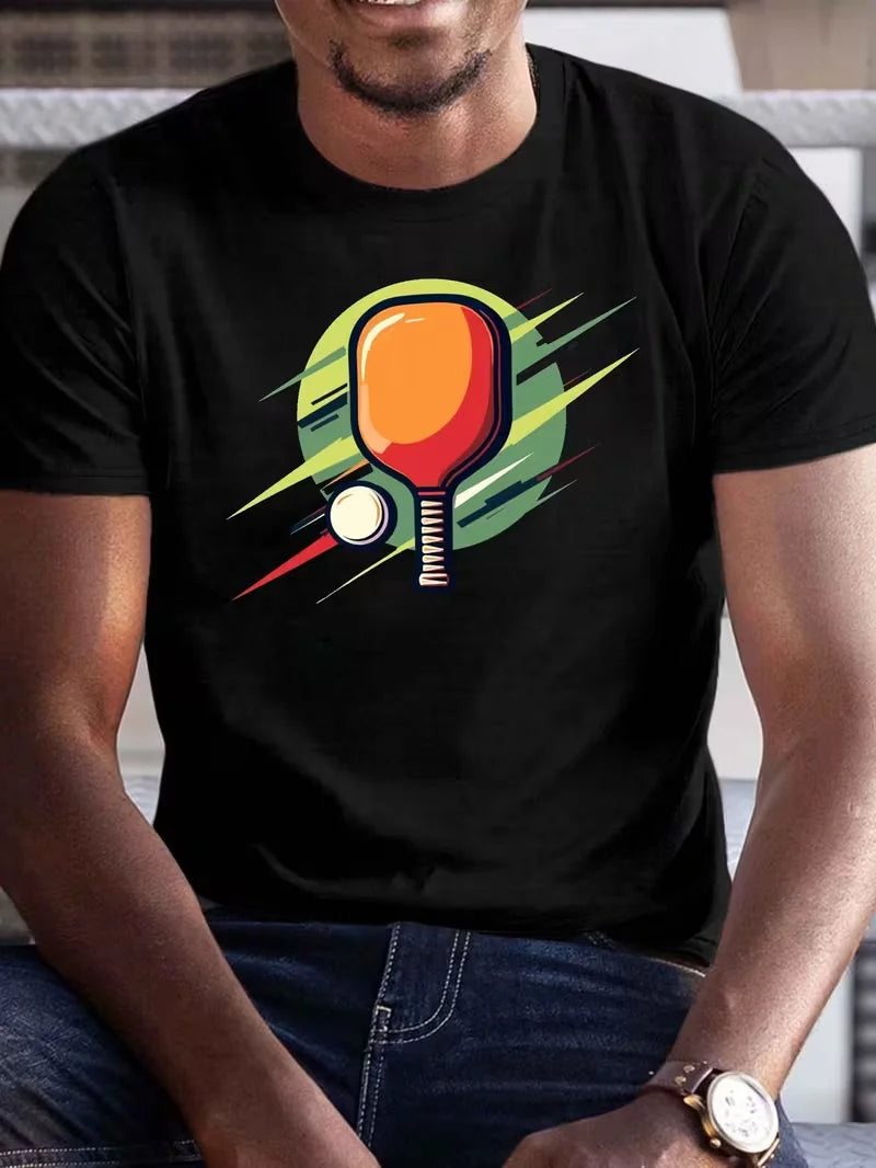 Men'S T-Shirt Ball Pattern Featuring Rackets and Balls Round-Neck Casual Tee Is Perfect for Racket Sports Enthusiasts T-Shirt