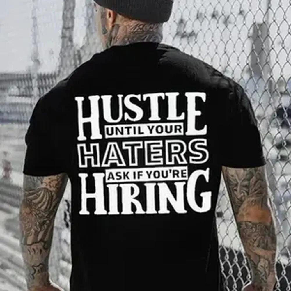 Men's Casual Black Cotton Sports T-Shirt - "HUSTLE UNTIL YOUR HATERS" Graphic, Smooth Seamless Fabric, Streetwear Style, All Seasons, Machine Washable, XXL Sports Top