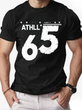 Sporty Men's Black Graphic T-Shirt Athll 65 Distressed Number Print Star Stripe Bold Typography Statement Design 100% Cotton Heavyweight Short Sleeve Casual Streetwear Tee