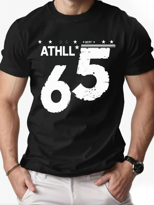 Sporty Men's Black Graphic T-Shirt Athll 65 Distressed Number Print Star Stripe Bold Typography Statement Design 100% Cotton Heavyweight Short Sleeve Casual Streetwear Tee